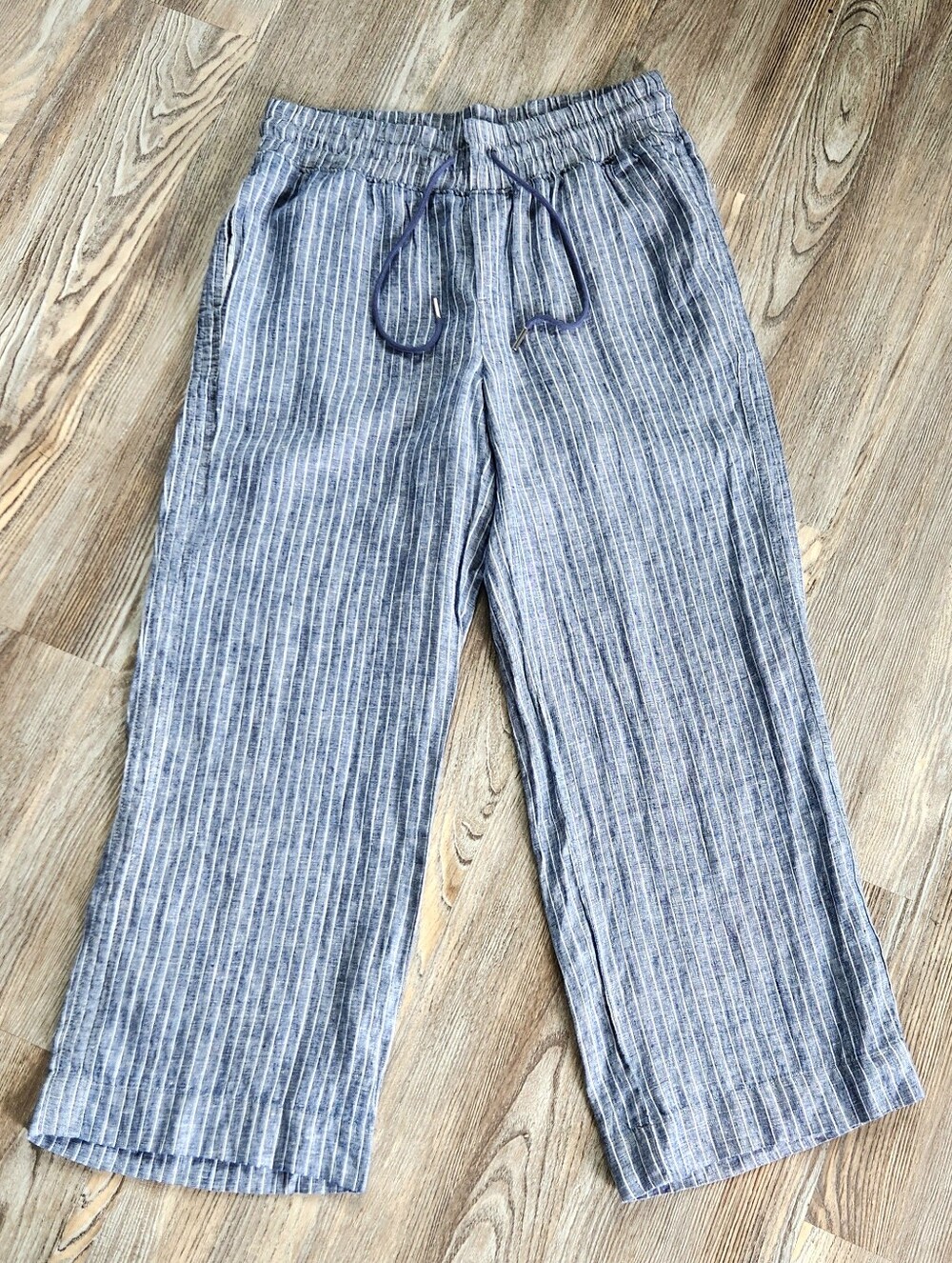 Quince Linen Chambray Stripe Wide Leg Pant Womens L Elastic Drawstring 32x28
